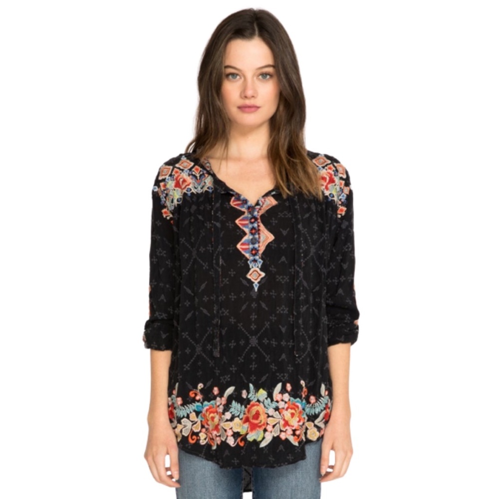 SOLD- EUC- Johnny Was Black Laced and Embroidered Floral Gina Blouse- Size Small - Picture 1 of 5